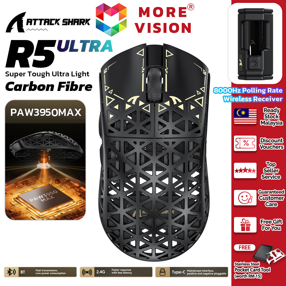 ATTACK SHARK R5 Ultra Wireless Gaming Mouse 3 Modes Connection Carbon ...