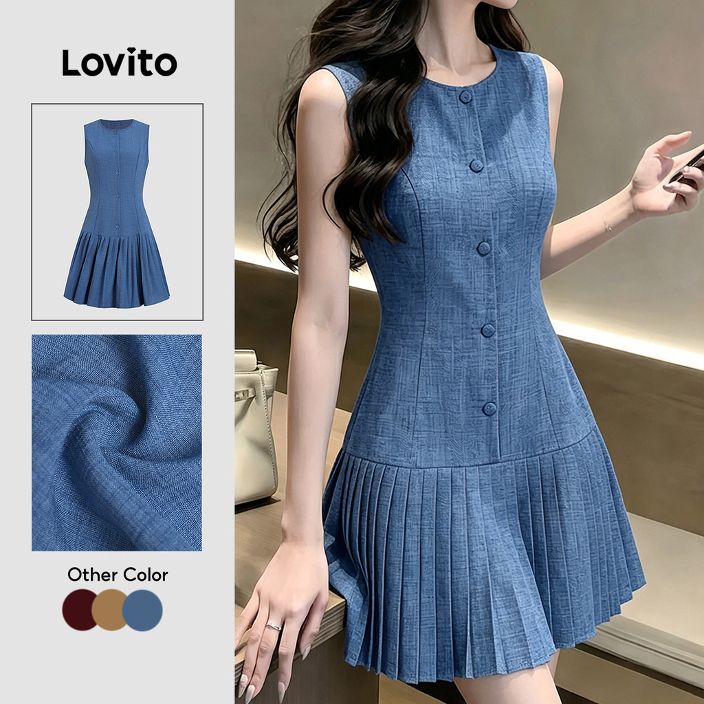 Lovito เดรสผู้หญิงสีเหลืองสไตล์หรูหรา แต่งกระดุมพลีท เหมาะกับฤดูใบไม้ผลิและฤดูร้อน DRK8P2D651