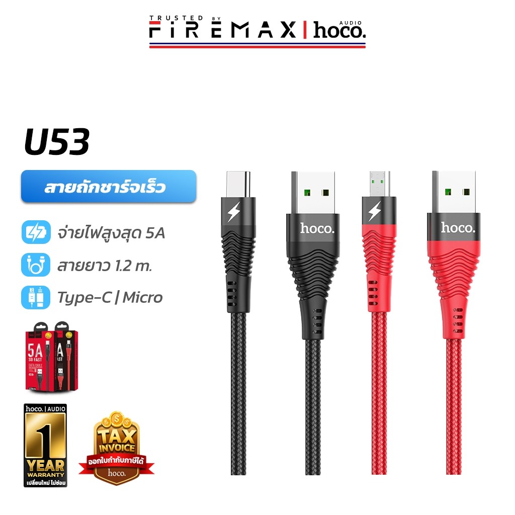 HOCO U53 สายชาร์จ ไนลอนถัก Micro, Type-C ชาร์จเร็วมาก จ่ายไฟ 5A / 4A ...