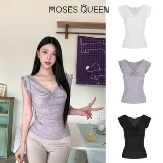 MOSESQUEEN มอสเนสควีน Áo thun ngắn tay cắt vai mở, nhẹ, bán trong suốt, thiết kế nút xoắn, cổ V, chi tiết gỗ ở vai, bắp tay ngắn #64034