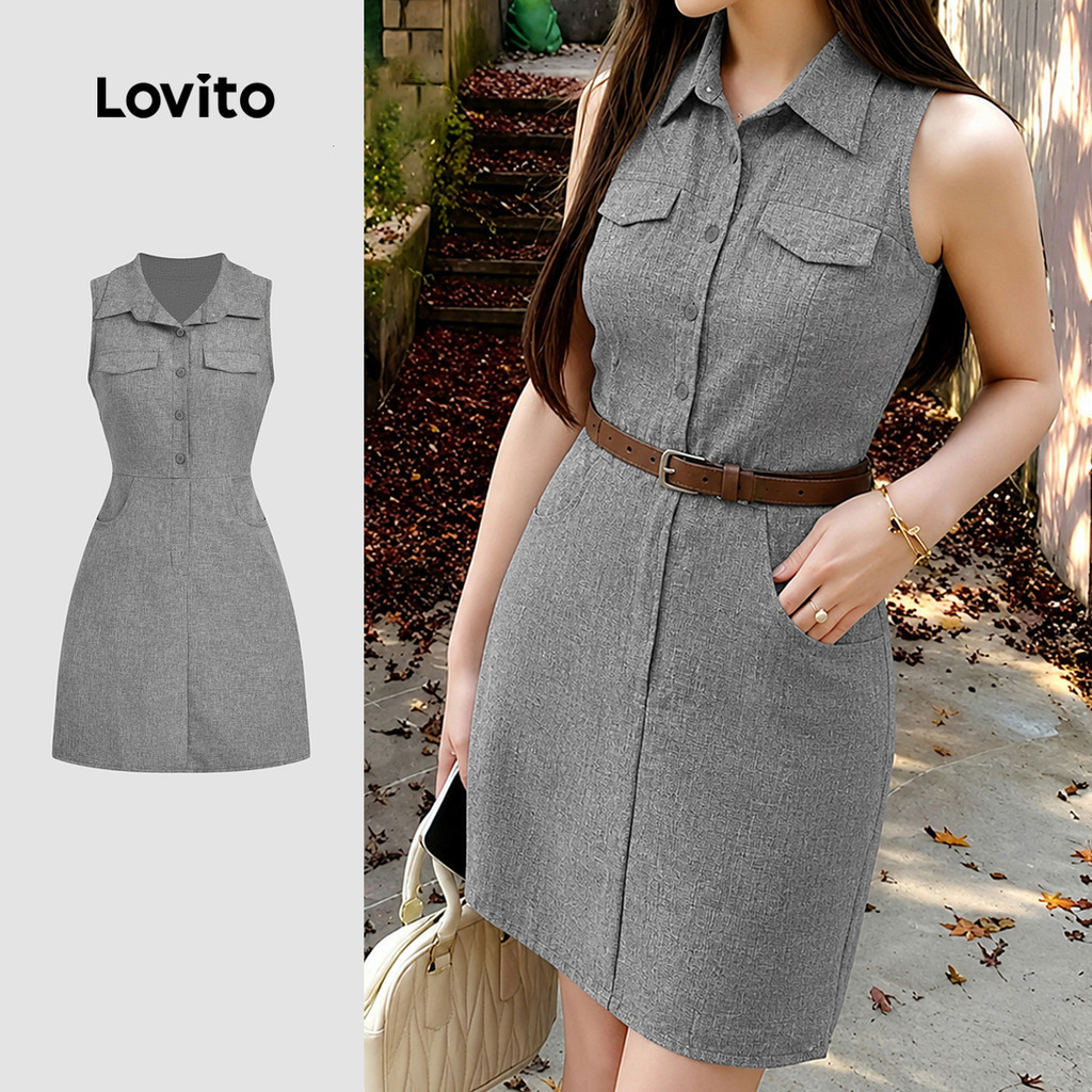 Lovito เดรสสีเทาปลอมกระเป๋าปุ่มสง่างามสําหรับผู้หญิง ฤดูใบไม้ผลิ/ฤดูร้อน (ไม่มีเข็มขัด) L199ED581