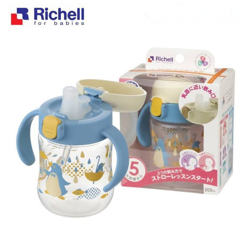 SALE!! Richell Tri Straw Lesson Mug Light Blue ถ้วยน้ำพร้อมหลอดดูด ...