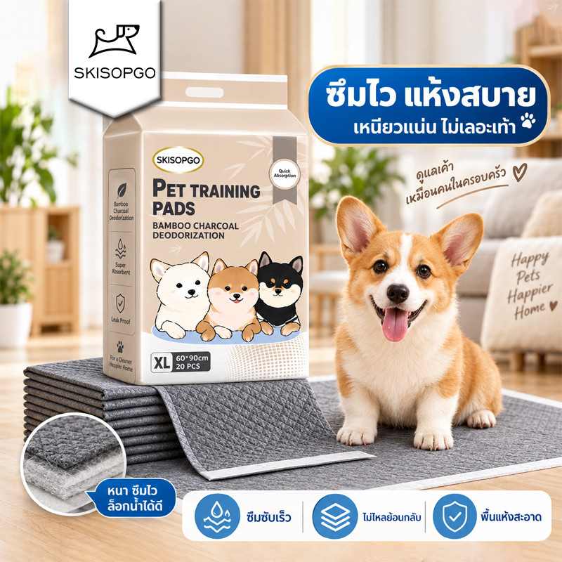SKISOPGO แผ่นรองฉี่สุนัข รุ่นชาโคล แผ่นรองฉี่แมว ช่วยฝึกขับถ่าย การดูดซับน้ำ6ชั้น ระงับกลิ่นได้ดี