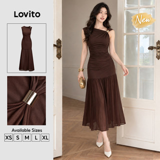 (Mới về) Lovito Đầm dài nữ màu nâu kiểu A thiết kế sang trọng, có đường may và chi tiết kim loại, phù hợp để mặc làm việc vào mùa xuân và mùa hè DRT207P1D723