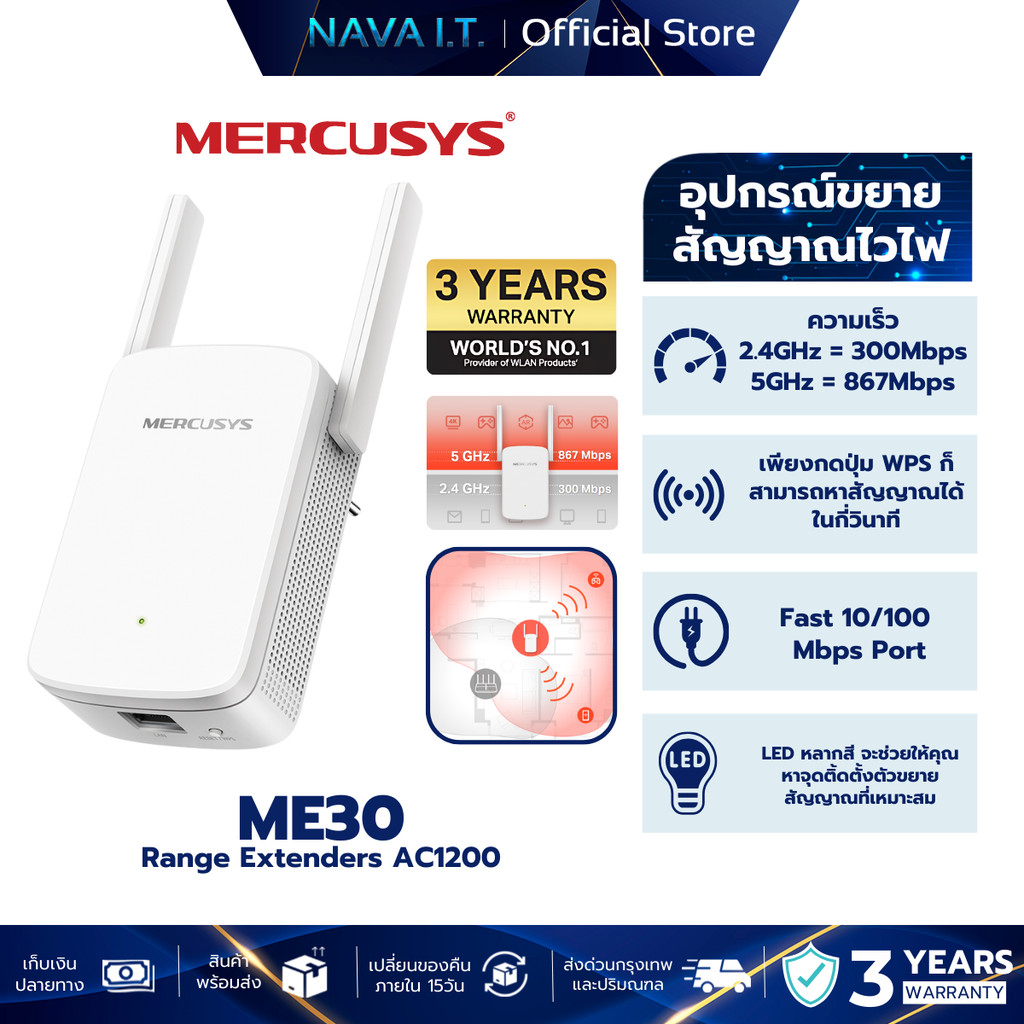 MERCUSYS ME30 AC1200 WIFI RANGE EXTENDER ตัวขยายสัญญาณWIFI รับประกัน ...