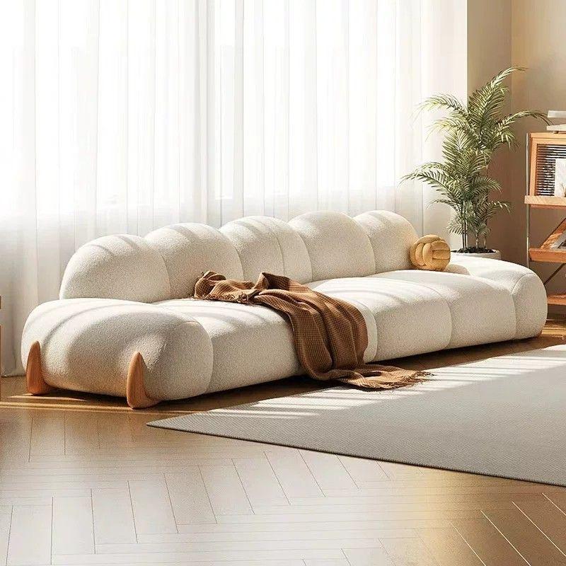 Cherry wood sofa, Japanese-style straight-line natural wood sofa, simple modern living room sofa with cream-colored lamb