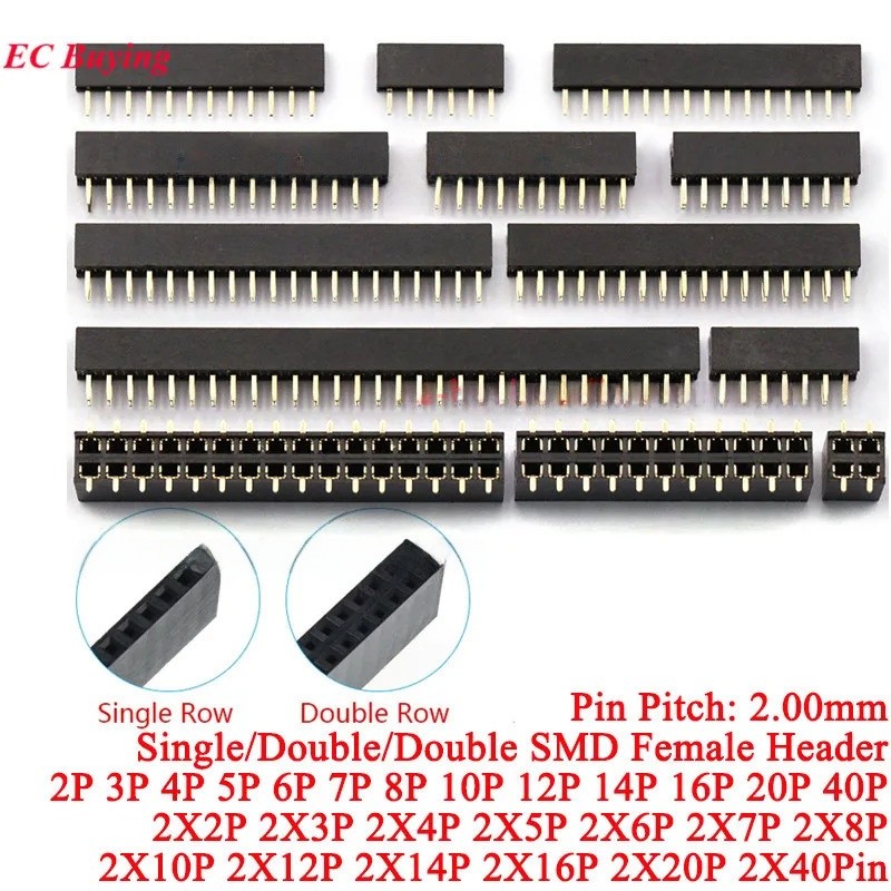10pcs 2.0 มม.เดี่ยว/คู่แถวตรงหญิง 2-40P Pin Header ซ็อกเก็ต 2x2/3/4/5/6 ...