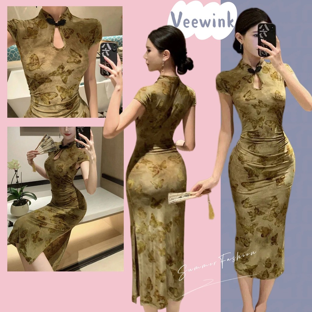 𝓥𝓮𝓮𝔀𝓲𝓷𝓴 เดรสกี่เพ้า ชุดเดรสกิมป๋อเนื้อขนนุ่มยาววินเทจ ดูแพง เอวคอดเข้ารูปบั้นท้ายเด่น ลดน้ำหนัก เปล่งปลั่ง