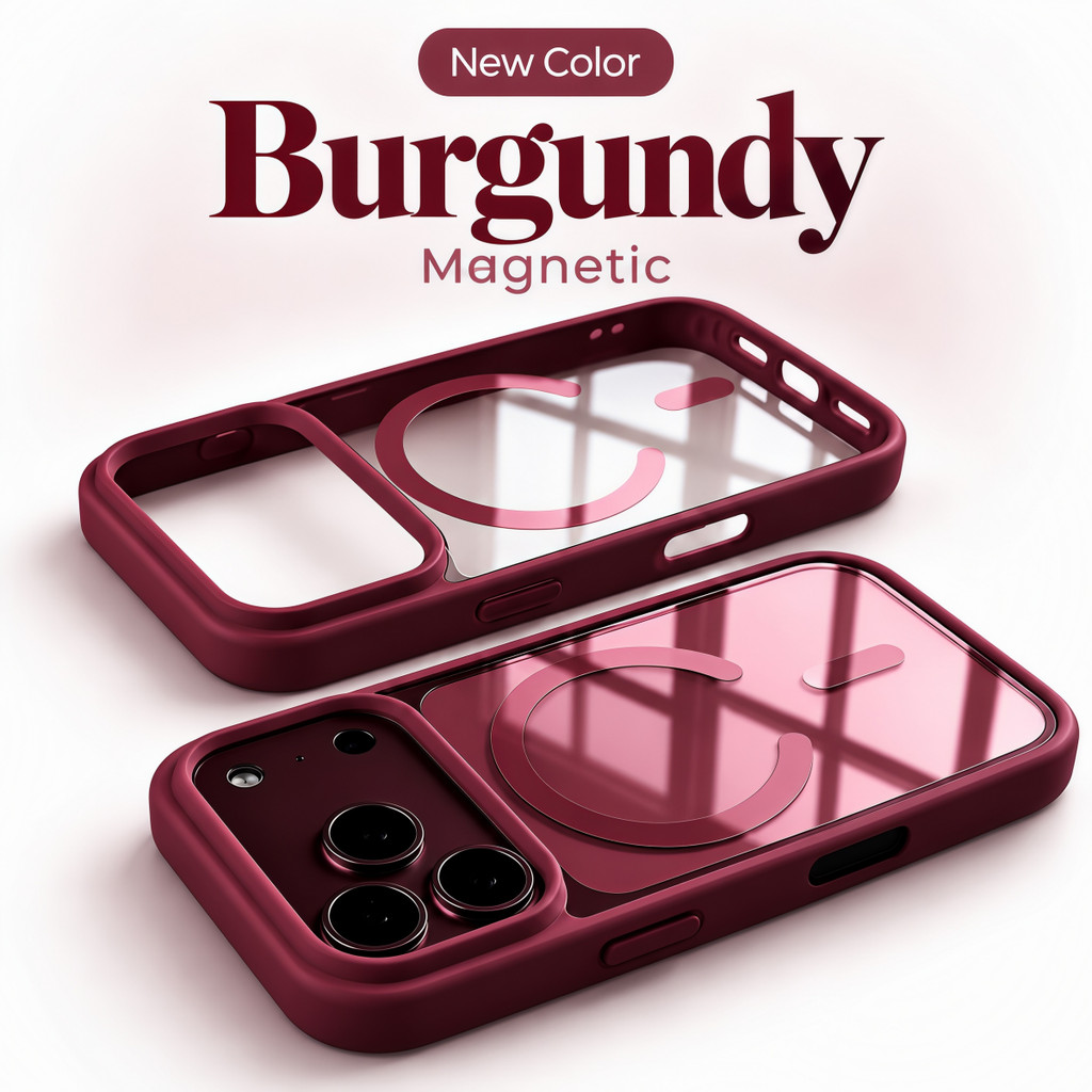 ใหม่ Burgundy แม่เหล็กโปร่งใสสําหรับ IPhone 18 Pro 17 16 15 Pro Max Luxury Matte Clear Simple ปลอกอะคริลิคฝาหลัง
