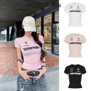 MOSESQUEEN ความเมตตา Áo thun ôm dạng thể thao, phong cách đơn giản dành cho phụ nữ trong mùa hè, phong cách retro kiểu Mỹ, áo ngắn tay đáng yêu cổ tròn #63789