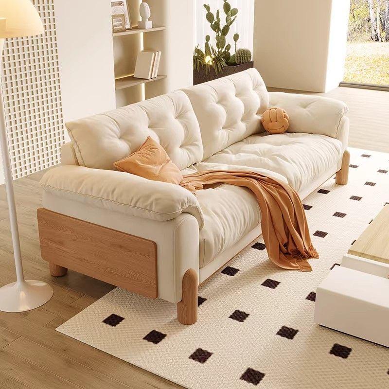 Japanese-style natural wood cream-colored sofa for small living rooms, cat-scratch resistant fabric, solid wood sofa