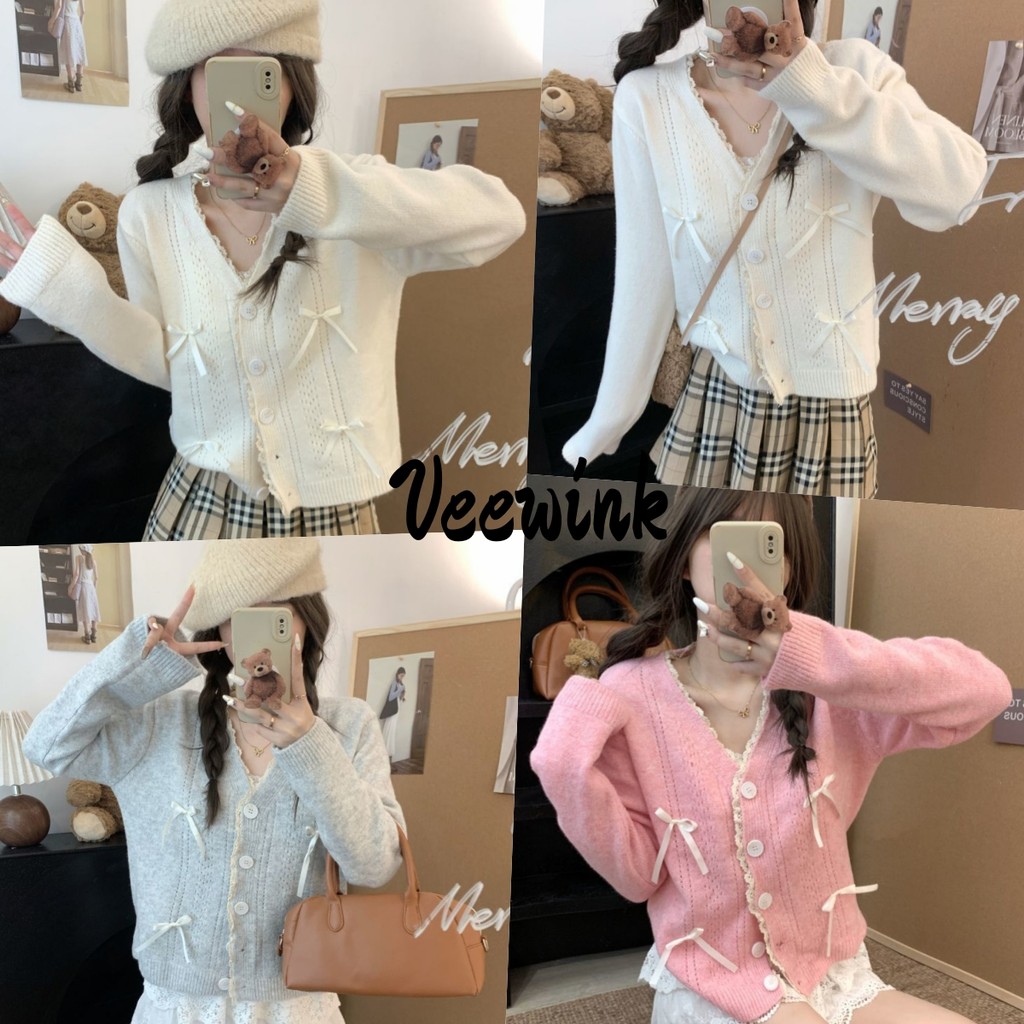 Veewink เสื้อคาร์ดิแกนถักแขนยาวสไตล์แชนแนล โบว์คอวี เกาหลี หวาน ใส่แล้วปัง เนื้อนุ่ม