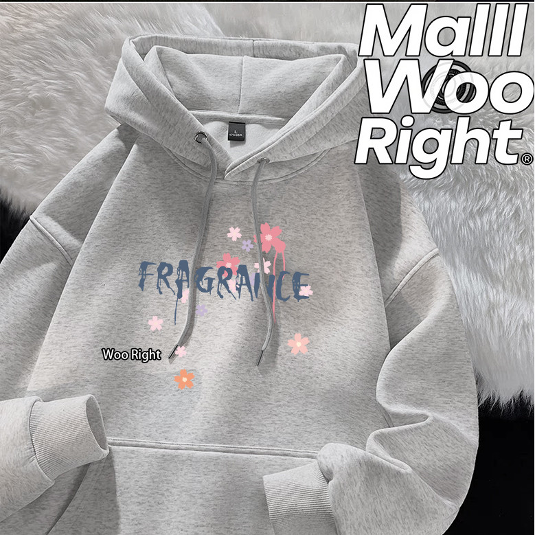 COD Woo Right เสื้อฮู้ดผู้ชาย Hoodie สเวตเตอร์เทาอ่อนทรงปกติ อกซ้ายมี Woo Right ลายดอกไม้ ใส่ลำลอง