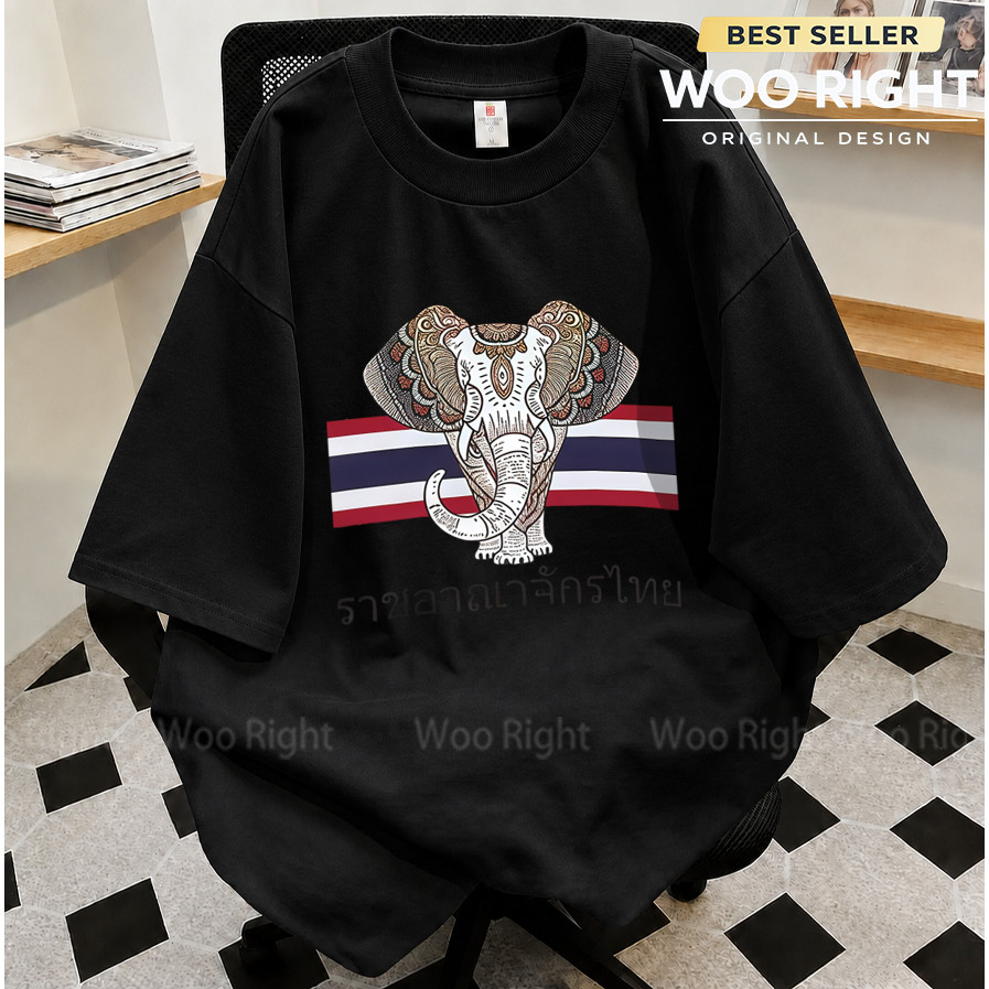 COD Woo Right เสื้อยืดผู้ชาย Oversize เสื้อยืดแขนยาวปานกลางสีดำพิมพ์ Woo Right ธงชาติไทยวาดมือ ลำลอง