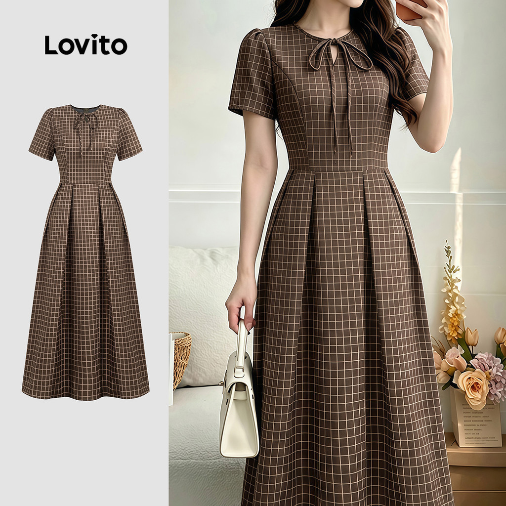 Lovito เดรสสีน้ําตาลสไตล์ฝรั่งเศสหรูหราแบบสบายสําหรับฤดูร้อนของผู้หญิง LK6LD391