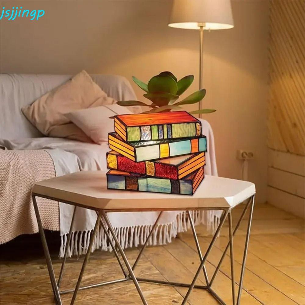 JSJJINGP โคมไฟกระจกสี, การออกแบบที่มีสีสันเรซิ่นหัตถกรรมหนังสือซ้อนโคมไฟ, สไตล์วินเทจ Art Craft Stained Glass หนังสือซ้อนออกแบบโต๊ะอ่านหนังสือ Light Nightstand โคมไฟ