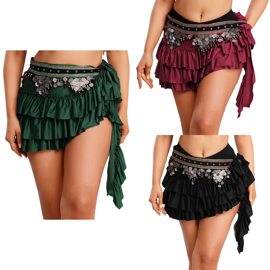 Inlzdz สตรี Belly Dance สะโพกผ้าพันคอเอว Retro เลื่อม Tiered Ruffled ...