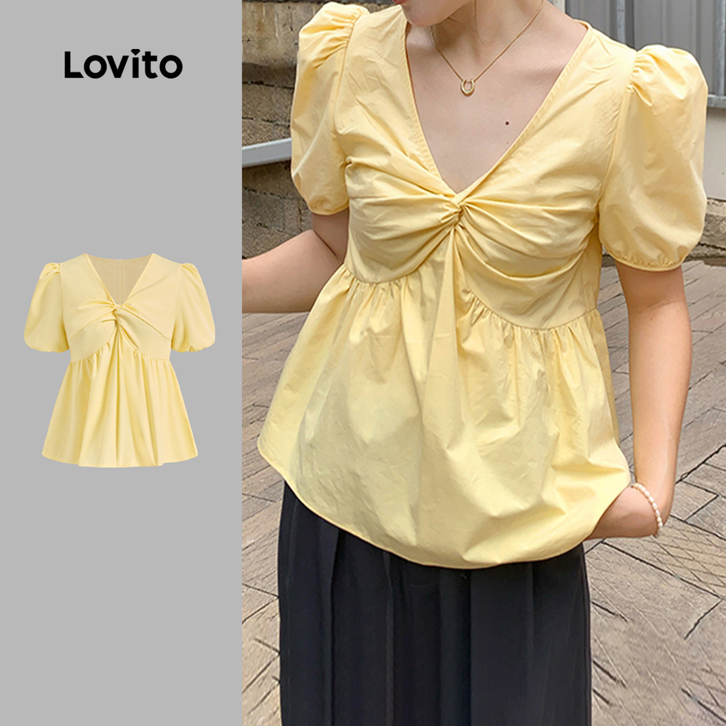 Lovito เสื้อเบลาส์ผูกโบว์เรียบง่ายแบบลำลองสำหรับผู้หญิงในช่วงฤดูร้อน ...