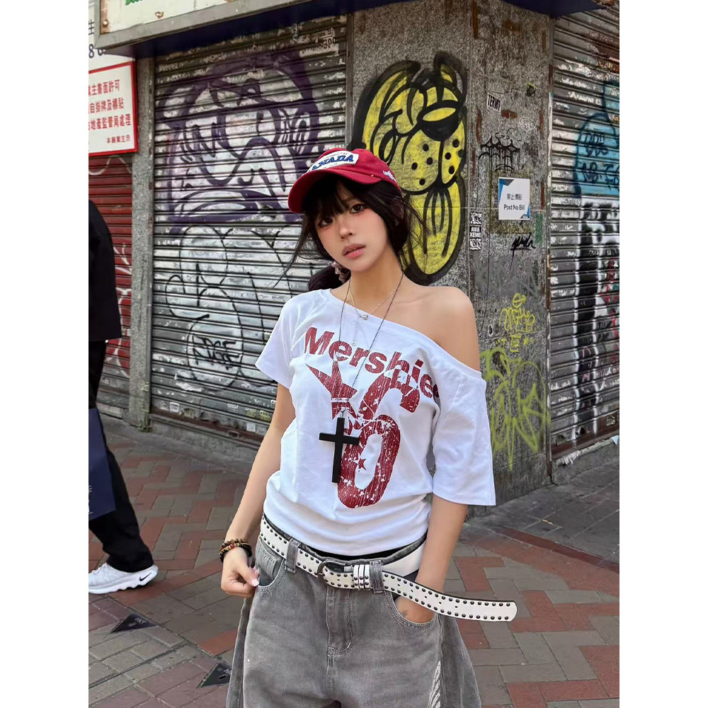 เสื้อยืดแขนสั้นพิมพ์ลายสไตล์อเมริกันสำหรับผู้หญิง ดีไซน์ฤดูร้อน เซ็กซี่ ...