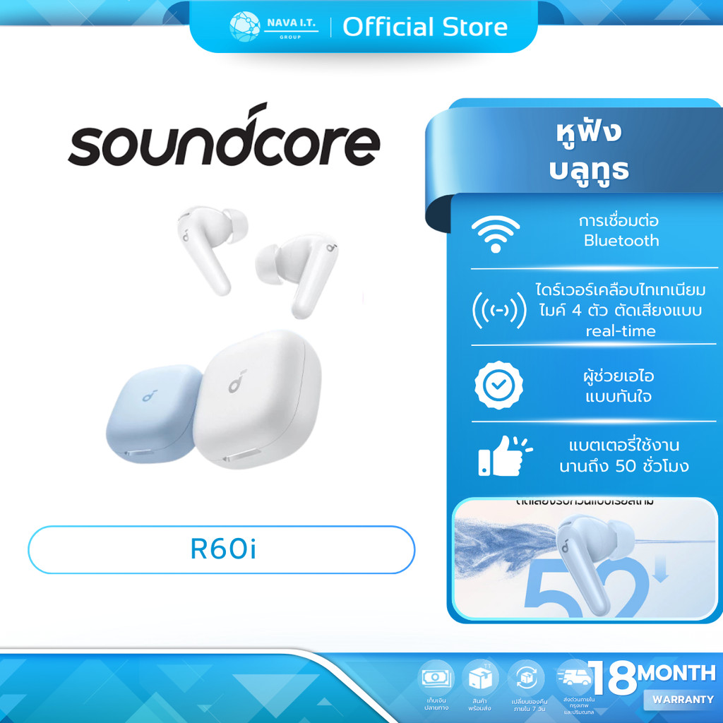 Soundcore R60i NC หูฟังบลูทูธ สายหูฟังไร ตัดเสียงรบกวน ANC กันน้ำระดับ ...