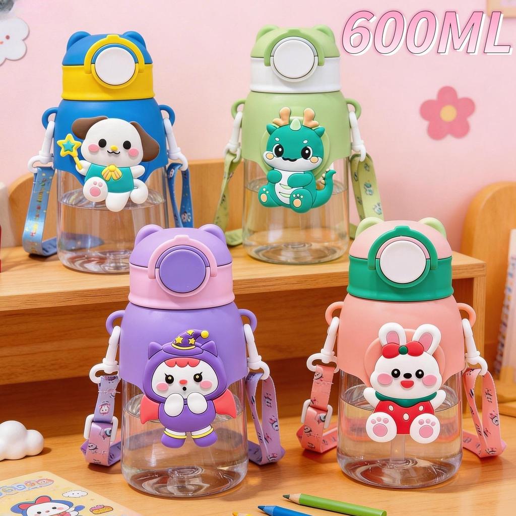 Kids Water Bottle 600ml with Straw and Carrying Strap - Durable School Water Bottle