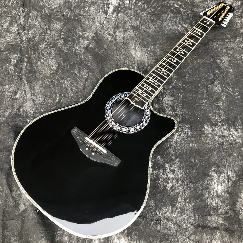 12 Strings สีดํา Solid Spruce กีตาร์ Abalone Inlays คาร์บอนไฟเบอร์เต่า ...