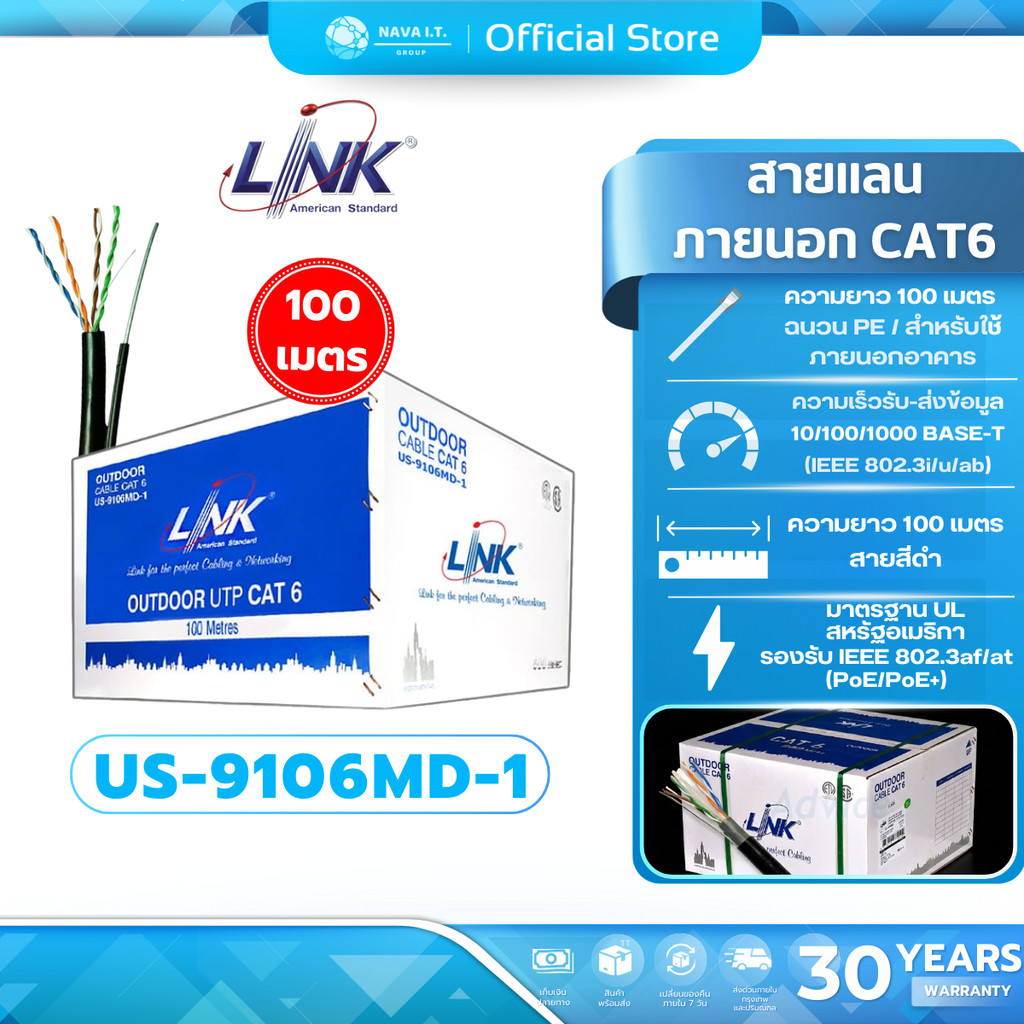 LINK US-9106MD-1 มีลวดสลิง CAT6 UTP Cable (100m/Box) Outdoor 23 AWG w ...