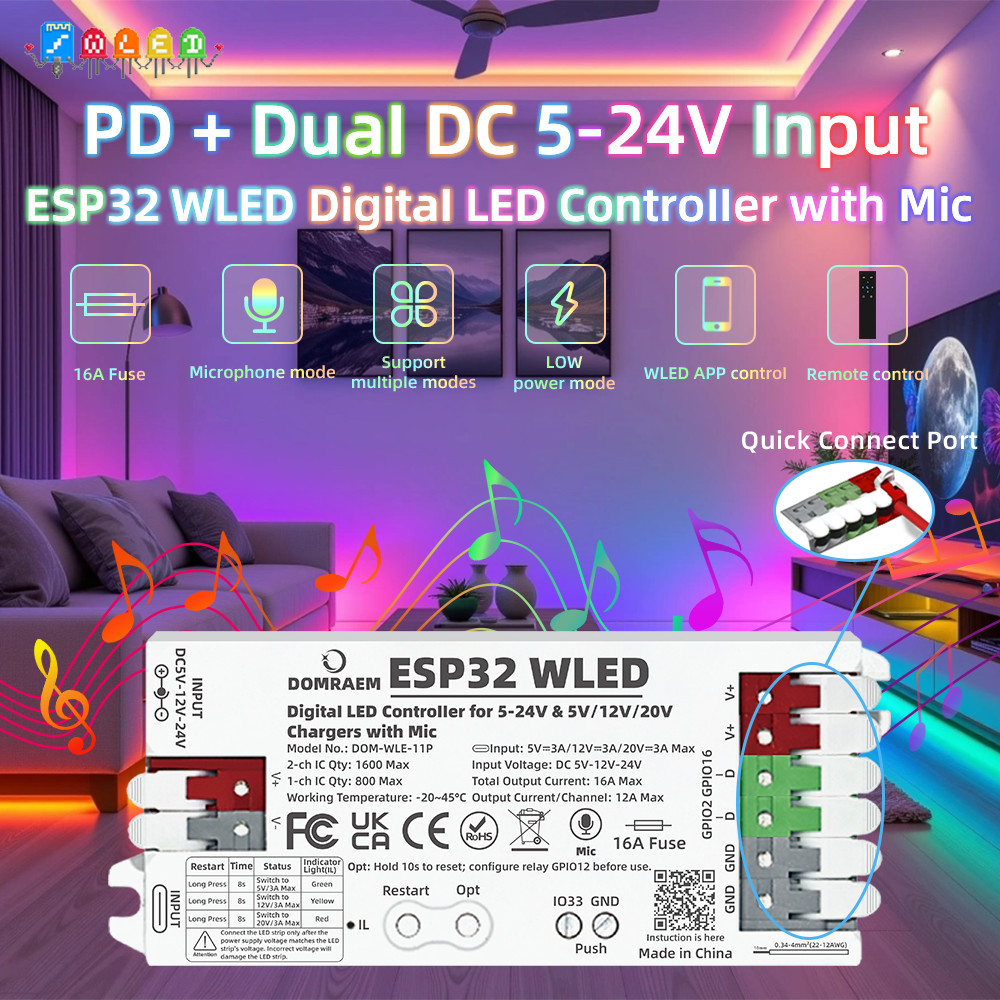 PD Power Fast Setup DOMRAEM ESP32 WLED Controller พร้อมไมโครโฟน Dual 5 ...
