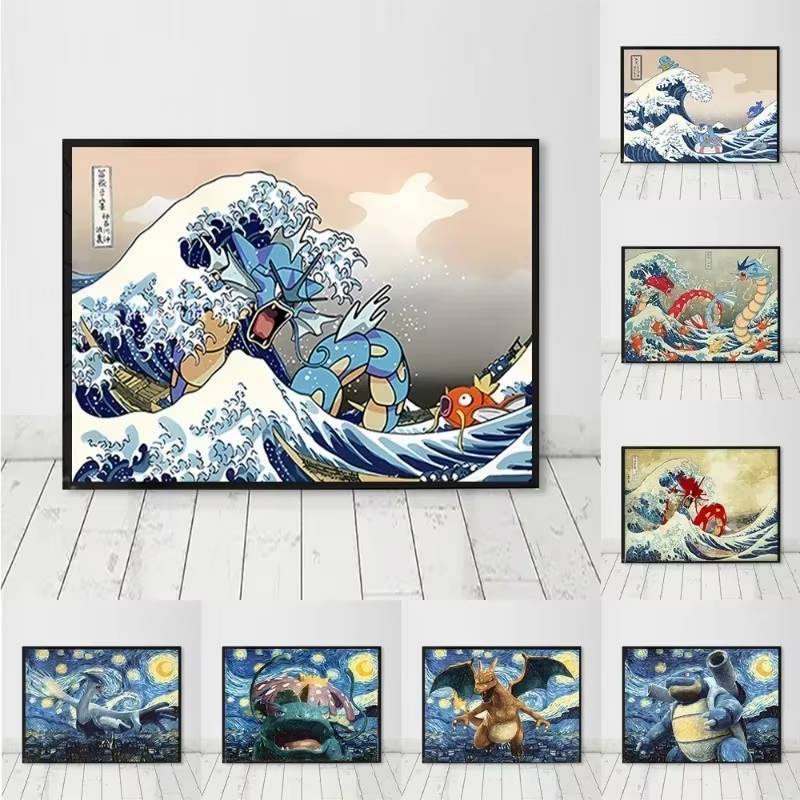 ภาพอุกิโยะ e Kobe River Surfing Pikachu โปสเตอร์ Starry Night Elf ...