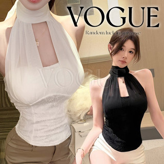 Vogue🌟พร้อมส่ง🌟 เสื้อคล้องคอ แบบผูกชีฟอง ผ้าลูกไม้ 2สีขาวดำ มีฟองน้ำในตัว เข้ารูป (FY10169)