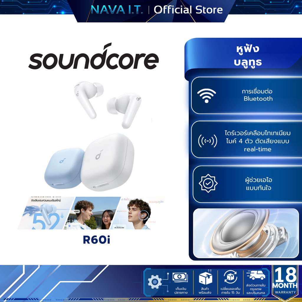 Soundcore R60i NC หูฟังบลูทูธ สายหูฟังไร ตัดเสียงรบกวน ANC กันน้ำระดับ ...