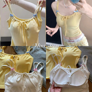 Mini shop🌸พร้อมส่ง🌸สายเดี่ยว เส้นคู่โบว์สองข้าง น่ารัก ลายเรียบ เชือกด้านหน้า อก32-38 มีฟองน้ำ เสื้อกล้าม(FY6809-J)
