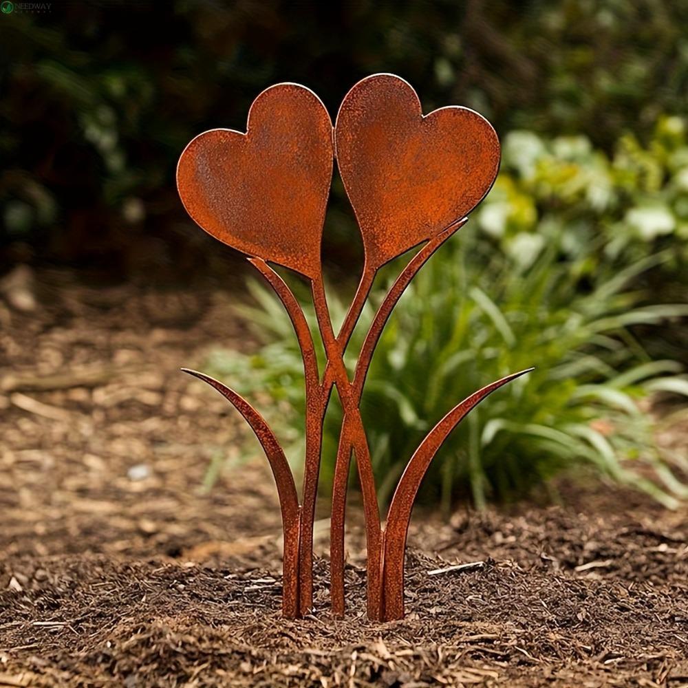 NEEDWAY เหล็ก Heart Garden Stake, Weatherproof Ground Plug Heart-Shaped ...