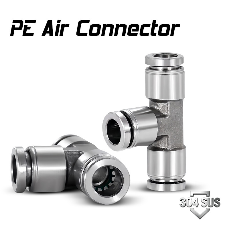 304 สแตนเลสนิวเมติกอุปกรณ์อากาศ PE T สไตล์ 3 ทาง quick connector 6 8 10 ...