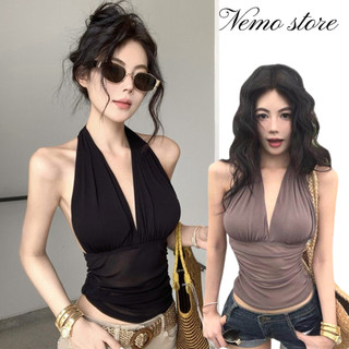 Nemo store🌸# FY9345 áo cổ tròn cổ sâu lưng vải thun màu trơn co giãn, rất thoải mái khi mặc, cô gái sexy dễ thương không thể cưỡng lại.