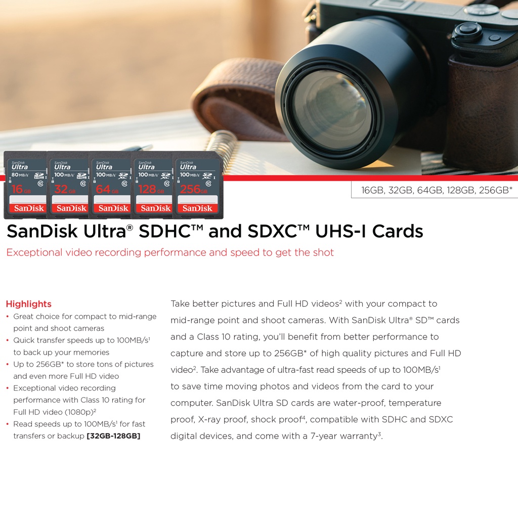 ข้อมูลประกอบของ SanDisk Ultra SD Card 32GB SDHC Class10 Speed 100MB/s (SDSDUNR-032G-GN3IN) เมมโมรี่การ์ด สำหรับ SDCARD กล้องมิลเลอร์เลส DSLR Mirrorless ประกัน 7ปี