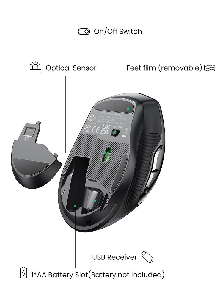 ภาพที่ให้รายละเอียดเกี่ยวกับ Ugreen เมาส์ไร้สาย 6 ปุ่มเสียงเงียบ Wireless Mouse 2.4G พร้อมตัวรับสัญญาณ USB 5 ระดับ DPI 4000DPI สําหรับแล็ปท็อป PC Mac Linux