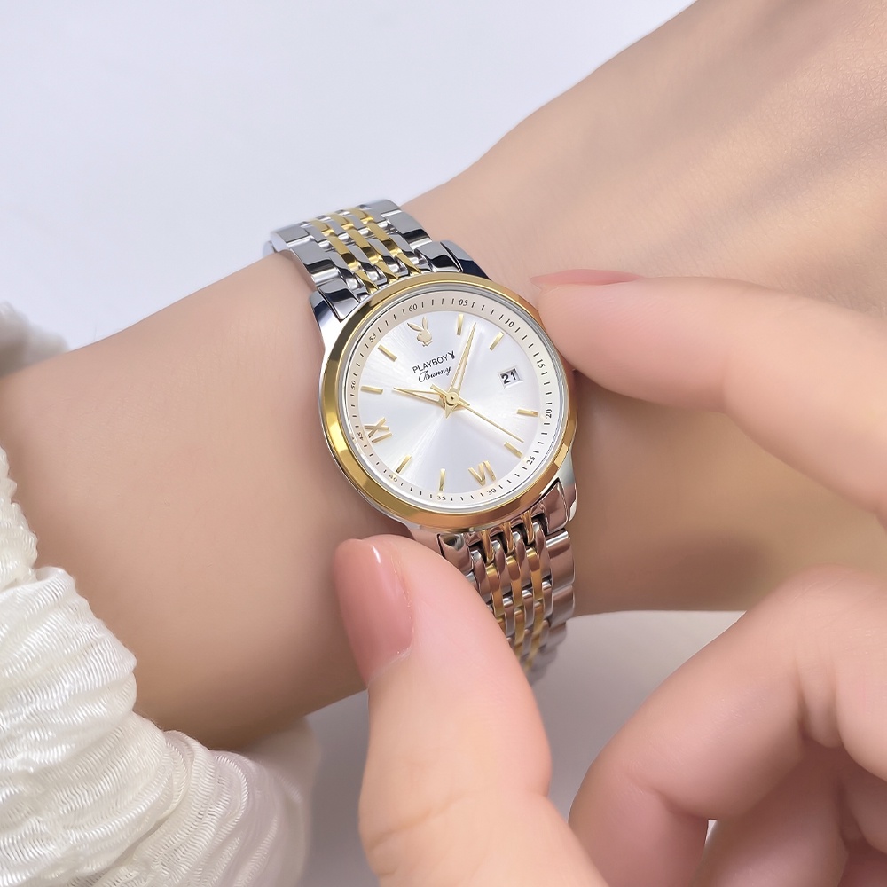 ภาพอธิบายเพิ่มเติมของ PLAYBOY 5556 นาฬิกาข้อมือผู้หญิงกันน้ำ นาฬิกาแบรนด์เนม รับประกัน 3 ปี แฟชั่น สีดำ ทอง เงิน