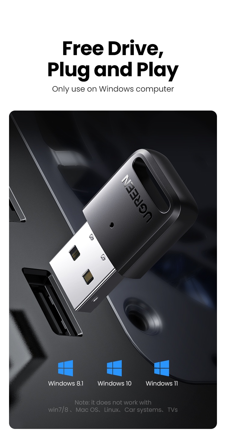 เกี่ยวกับสินค้า Ugreen อะแดปเตอร์ดองเกิล USB บลูทูธ 5.3 สําหรับลําโพง PC เมาส์ไร้สาย คีย์บอร์ด เครื่องรับสัญญาณเสียงเพลง