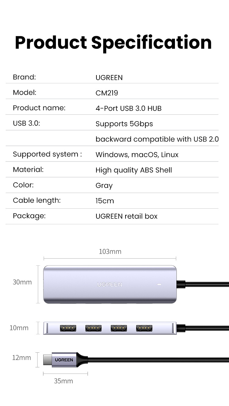 ข้อมูลเกี่ยวกับ UGREEN อะแดปเตอร์แยกพอร์ตฮับ USB 3.0 แบบ 4 ช่อง