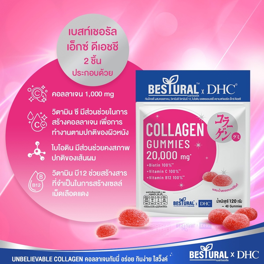 คำอธิบายเพิ่มเติมเกี่ยวกับ Bestural x DHC Collagen Gummy คอลลาเจนแบบเคี้ยว (40 เม็ด) 4 ซอง