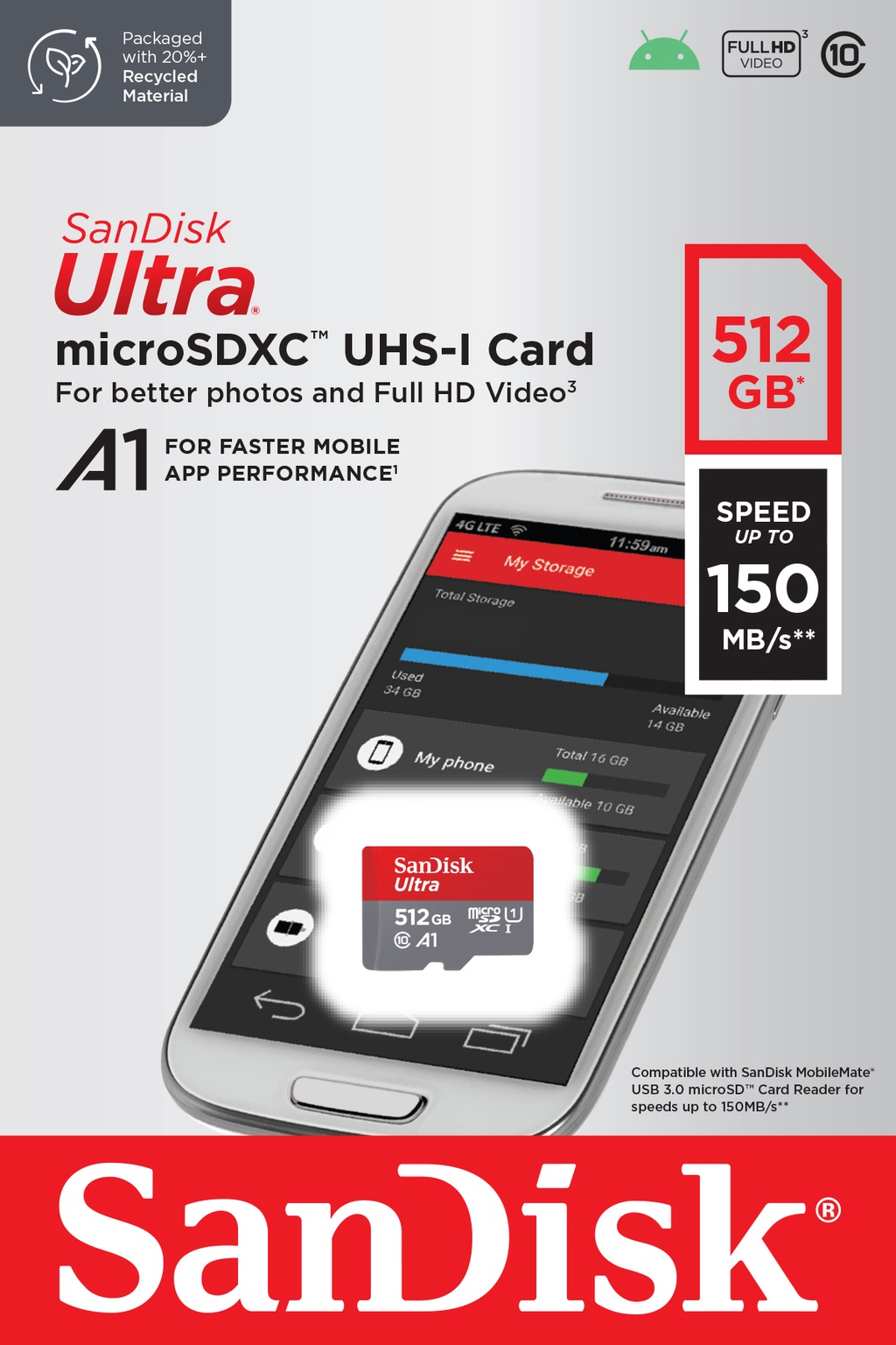 เกี่ยวกับ Sandisk Ultra Micro SD Card SDXC 512GB Class10 อ่านสูงสุด 150MB/s A1 (SDSQUAC-512G-GN6MN) เมมโมรี่การ์ด สำหรับ แท็บเล็ต โทรศัพท์มือถือ Mobile Tablet ประกัน 10 ปี