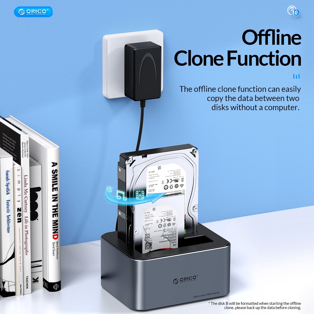 เกี่ยวกับสินค้า ORICO 2.5"/3.5" Hard Disk Docking Station with Offline Clone, Aluminum Alloy Double Slot USB C to SATA Hard Disk Enclosure, Support Up to 36TB UASP