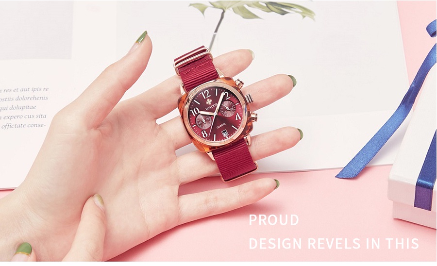 ข้อมูลเกี่ยวกับ WWOOR นาฬิกาผู้หญิงแฟชั่น นาฬิกากันน้ำ สวยงาม casual watch MOVT Japan นาฬิกาสายไนลอนสีแดง 8860