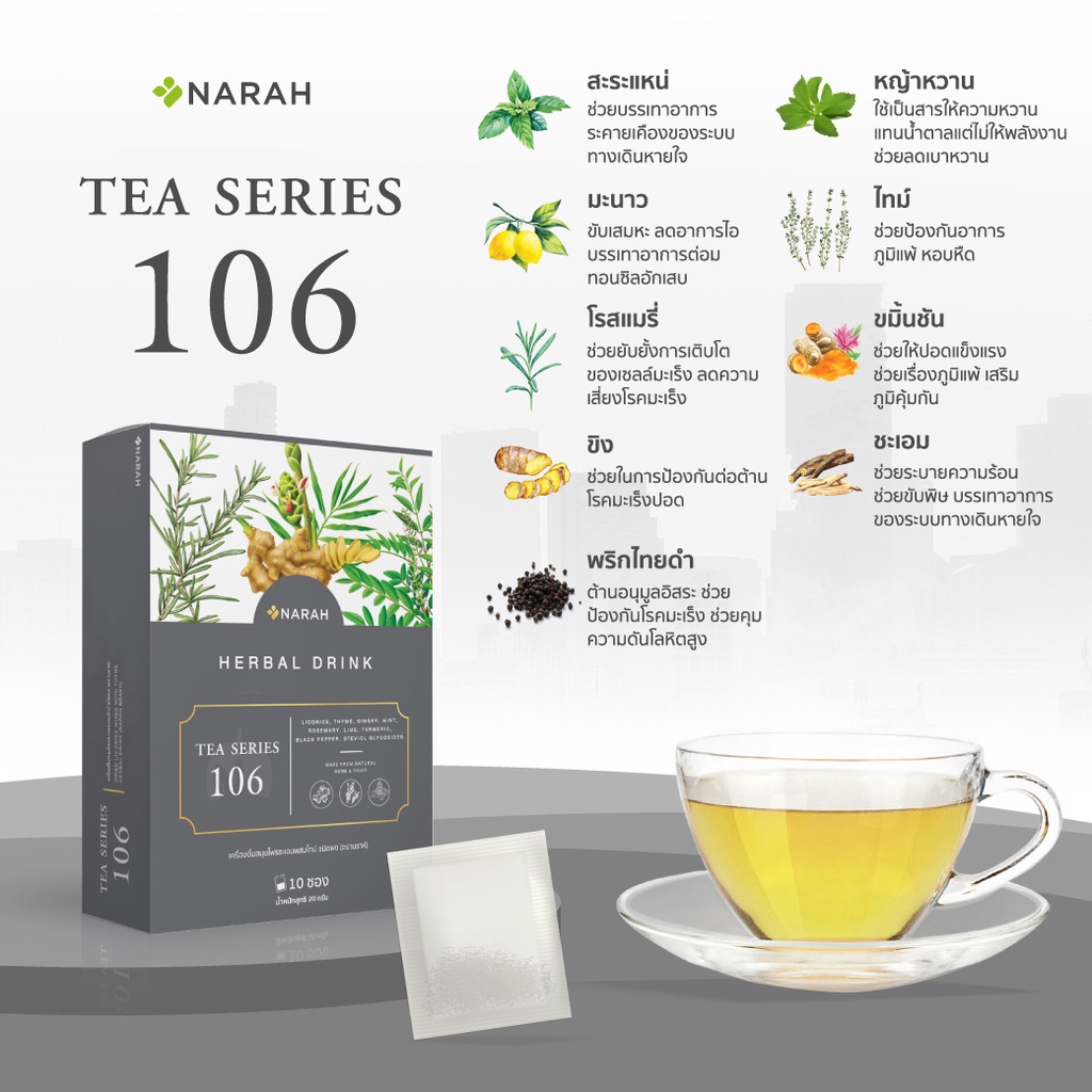 ภาพอธิบายเพิ่มเติมของ NARAH TEASERIES 106 (Lung Tea) ชาชงสูตรบำรุงปอด ช่วยดีท็อกซ์ปอดและดูแลระบบหายใจ ลดเสมหะในลำคอ ช่วยแก้ไอ จำนวน 1 กล่อง