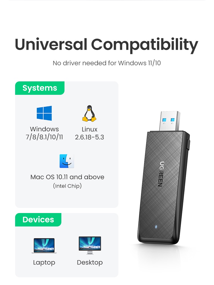 มุมมองเพิ่มเติมเกี่ยวกับ Ugreen อะแดปเตอร์เครือข่าย WiFi ไร้สาย 1300Mbps ปลั๊ก USB 2.4G และ 5G สําหรับคอมพิวเตอร์ PC