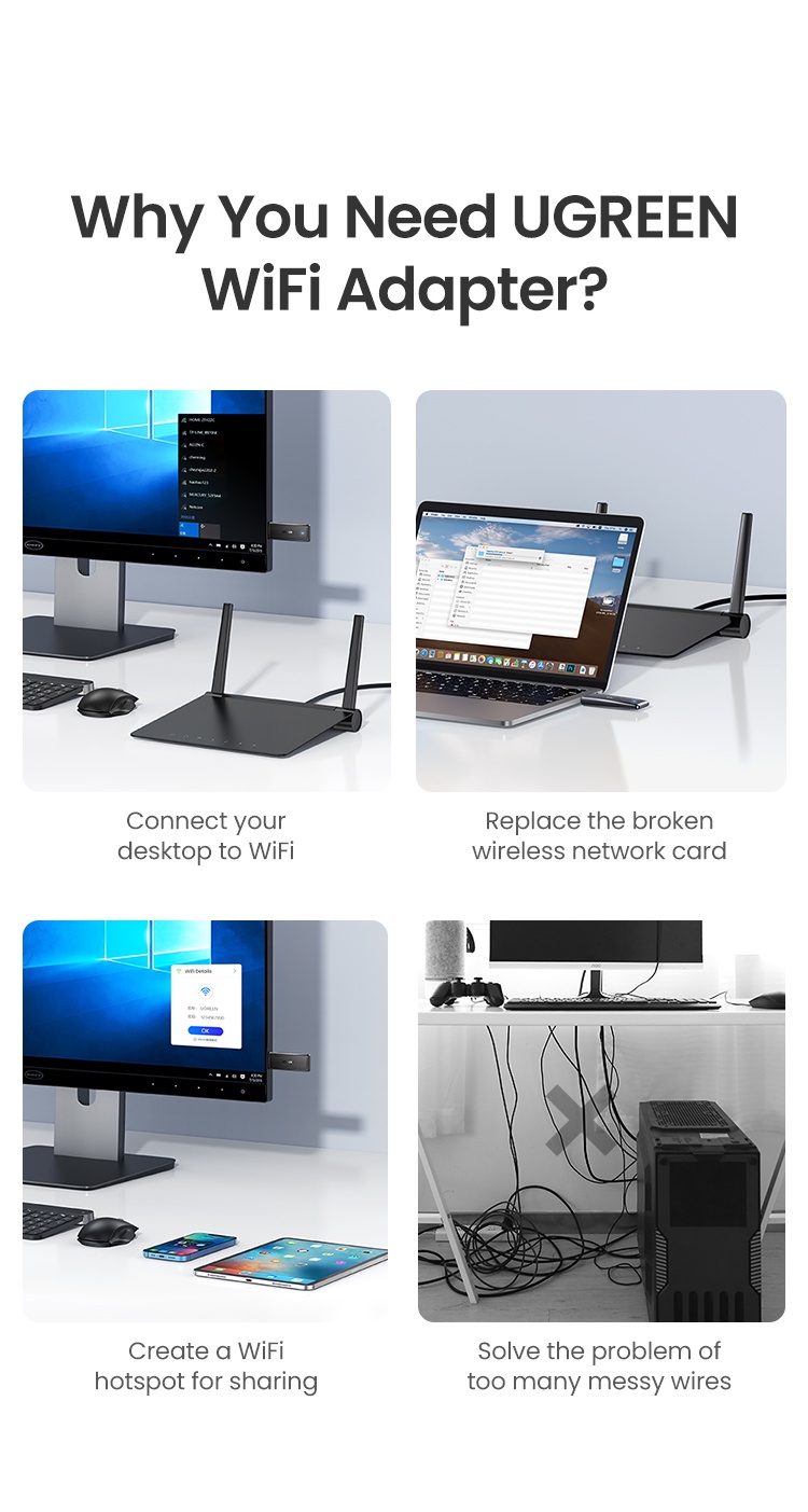 มุมมองเพิ่มเติมเกี่ยวกับ Ugreen อะแดปเตอร์เครือข่าย WiFi ไร้สาย 1300Mbps ปลั๊ก USB 2.4G และ 5G สําหรับคอมพิวเตอร์ PC