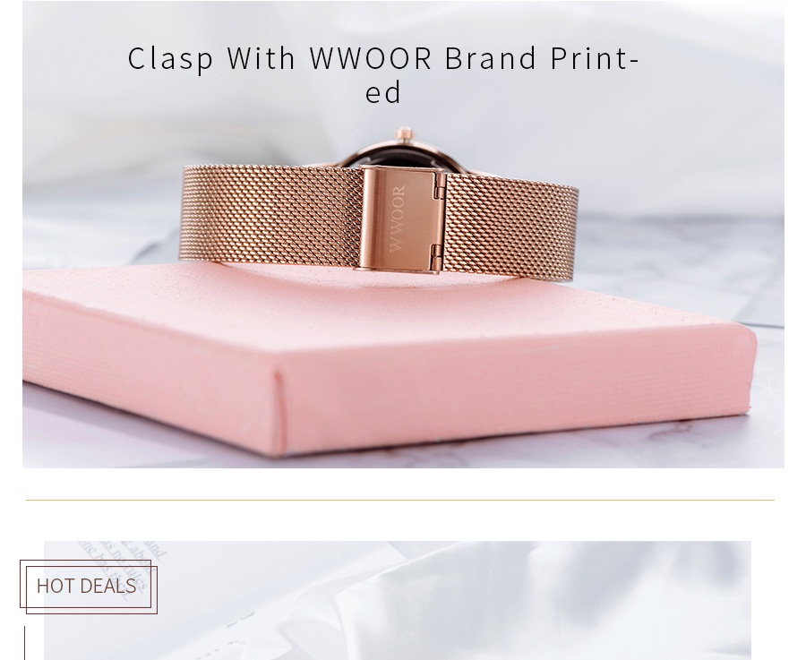 มุมมองเพิ่มเติมของสินค้า WWOOR ผู้หญิงนาฬิกาแฟชั่น Rose Gold นาฬิกากันน้ำนาฬิกาสุภาพสตรีนาฬิกาควอตซ์ 8877