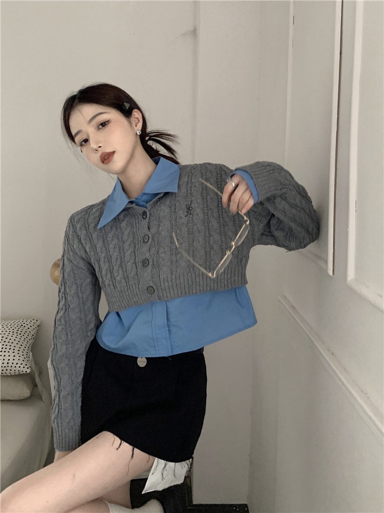 ภาพประกอบคำอธิบาย Xiaozhainv เทรนด์แฟชั่นเกาหลีเสื้อผ้าผู้หญิงเสื้อเชิ้ตเรียบง่ายทึบ / ลายบิดหวานตัดเสื้อกันหนาวชุดสองชิ้นตัวเลือกแยกต่างหาก