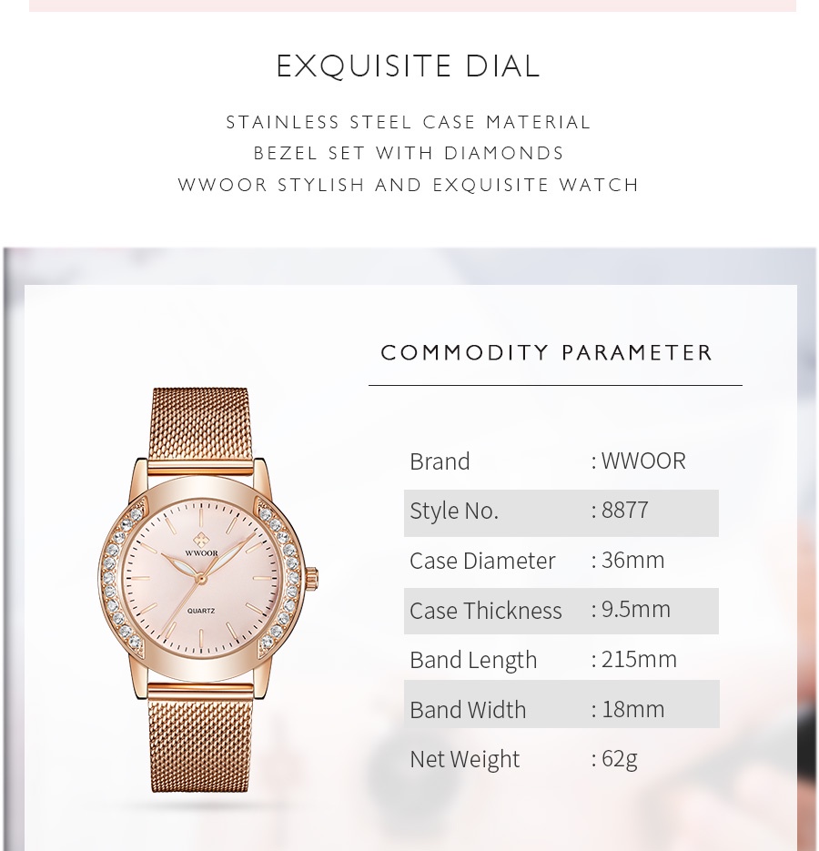 มุมมองเพิ่มเติมของสินค้า WWOOR ผู้หญิงนาฬิกาแฟชั่น Rose Gold นาฬิกากันน้ำนาฬิกาสุภาพสตรีนาฬิกาควอตซ์ 8877